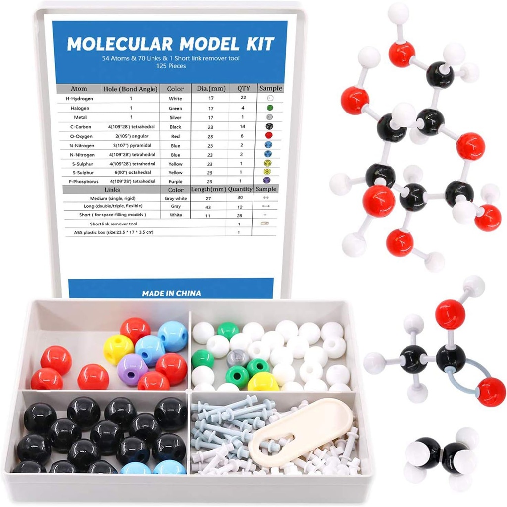 Swpeet 125 Pcs Molekularni model komplet za Anorganski in organski molekulski model Učitelj in 16 let in več Študentski komplet - 54 Atoms & 70 Povezave & 1 Kratki Link Odstranjevalec orodje - Znanost igrače