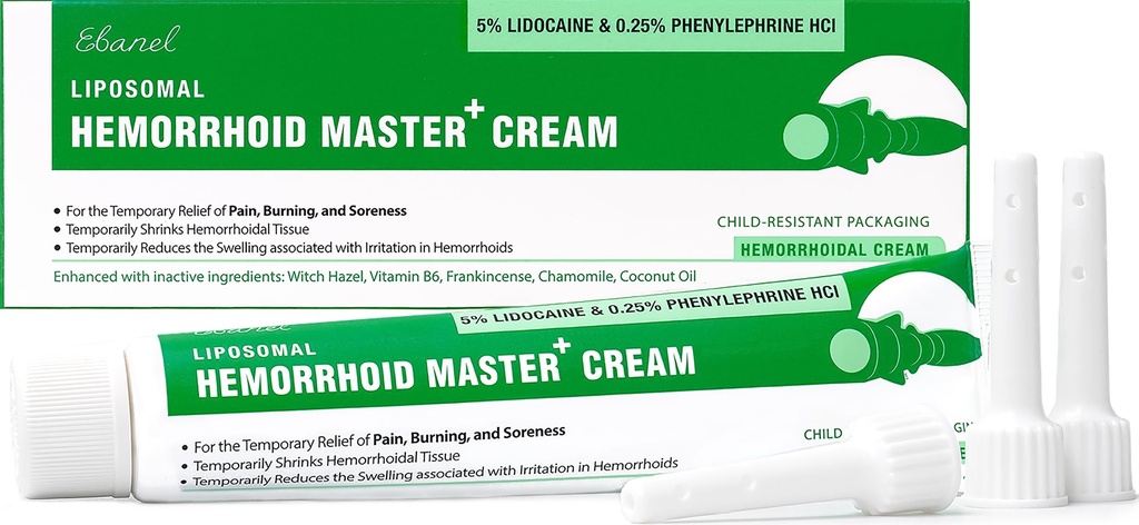 Ebanel 5% Lidokain Hemorrhoid zdravljenje Krema z Witch Hazel, Fenilephrin, Konjski kostanj, Vitamin B6, Cinkov oksid, Zunanje in notranje Hemoroidi zdravljenje Srbečica bolečine Relief analna krema