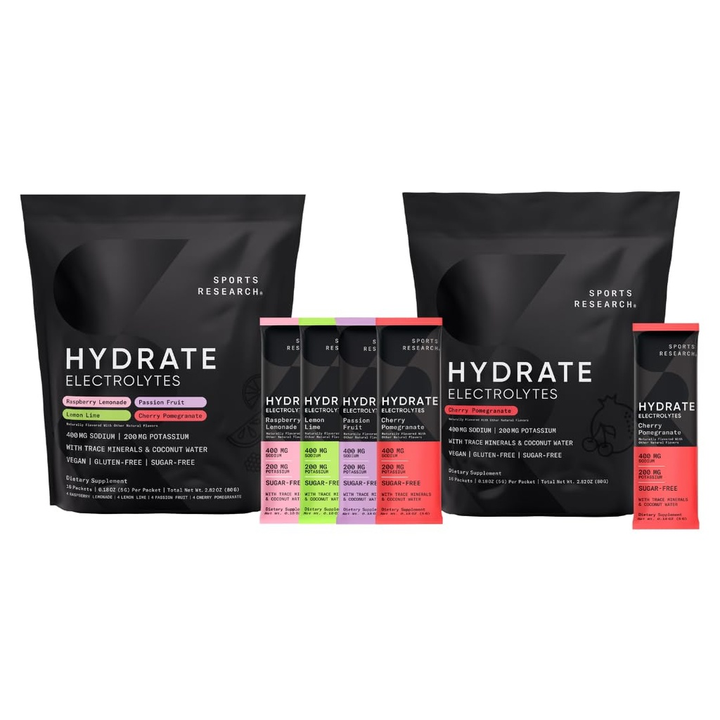 Sports Research Hydrate Electrolytes Combo Pack - brez sladkorja in naravno aromatiziran z vitamini, minerali in kokosovo vodo - Podpira Hidracija - 32 Paketov - Cherry Pomegranate Dominant Flavor