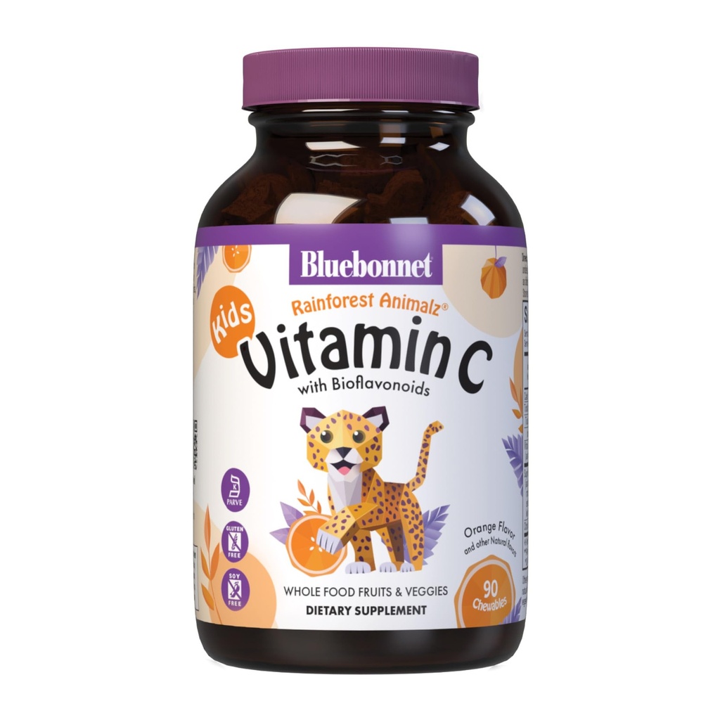 Bluebonnet Nutrition Rainforest Animalz Vitamin C Živalske oblike Žvečljive tablete, 250 mg vitamina C, brez soje, brez glutena, Kosher Certified, Dairy-free, Vegan, 90 Tablete, 45 Serving, Orange Flavor