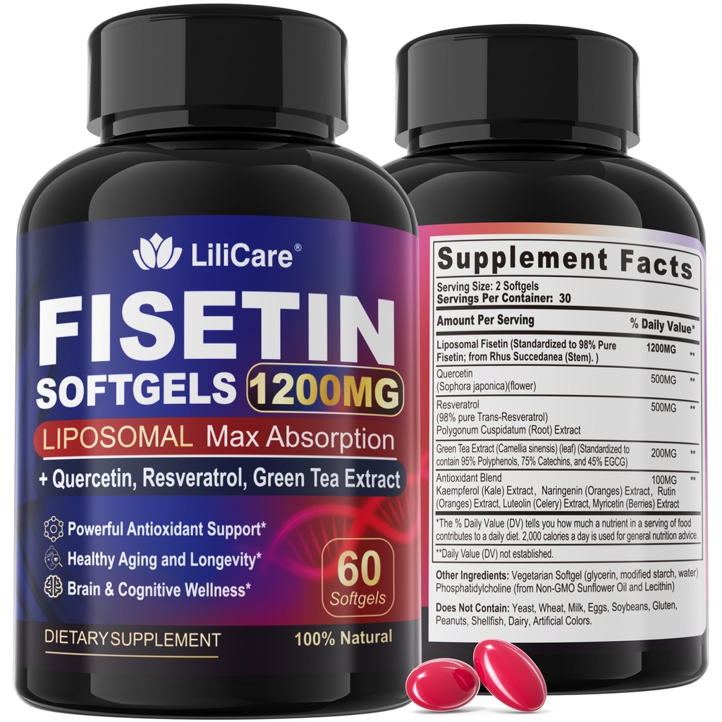 Fisetin dodatek - liposomska super Absorpcija 98% Pure 1200mg s Quercetin, Resveratrol, izvleček zelenega čaja za zdravo staranje in dolgoživost, zdravje kože, možgani in antioksidant - 60 Mehkužci