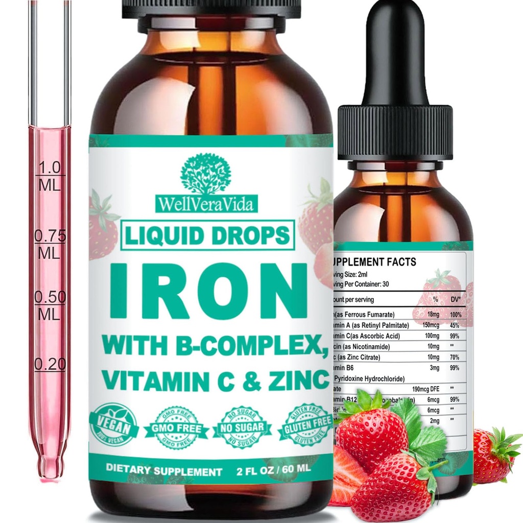 Tekoči železovi dodatki w/vitamin C, B-kompleks, visoke jakosti železa Liquid w. multivitamin, Veganske železne kapljice za ženske, otroci, Chelate Liquid Iron dodatek za anemijo, utrujenost, podpora rdečih krvnih celic