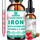 Tekoči železovi dodatki w/vitamin C, B-kompleks, visoke jakosti železa Liquid w. multivitamin, Veganske železne kapljice za ženske, otroci, Chelate Liquid Iron dodatek za anemijo, utrujenost, podpora rdečih krvnih celic