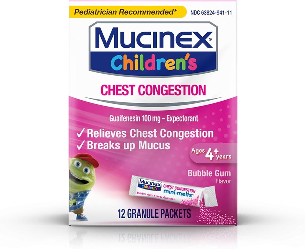 Prebavne motnje v prsnem košu, Mucinex Mini taline za otroke, prebavne motnje v prsnem košu, žvečilni gumi, 12ct