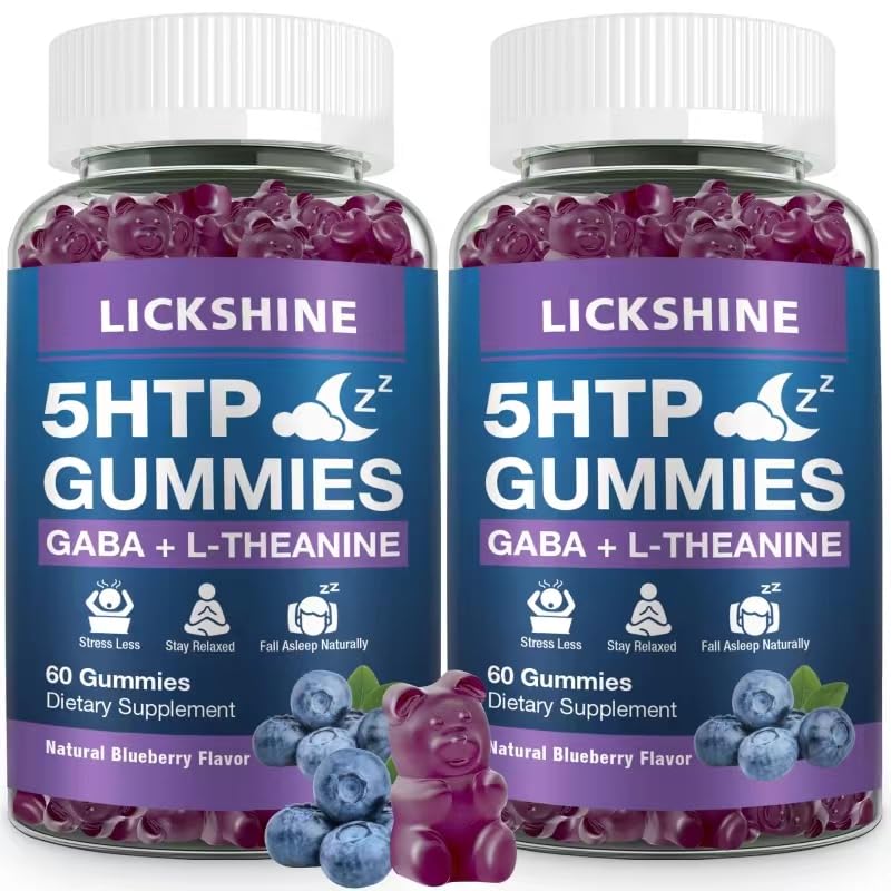 2 Pack 300MG 5-HTP GABA spanje dodatek Gumies z 200mg L-teanin dodatek za možgane, Mood stabilizator in podporo za spanje, Melatonin-free, Omega 3-6-9 za naravne Zzzs, borovnice aroma