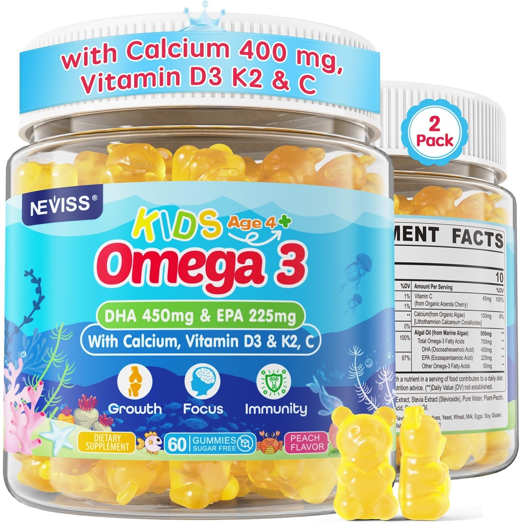 Kids Omega 3 Gummies + Calcium 400mg + Vitamin D3 K2 + C, Omega-3 DHA & EPA Supplement - No Fish Burps, No Sugar - Kids & Teens Omḛga 3 + Multivitamin Gummy for Strong Bones, Brain, Immune, Eye, 2Pack
