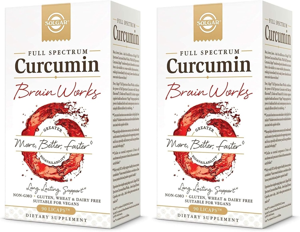 Solgar Full Spectrum Curcumin Brain Works, 90 Licaps - Podpora spomin Recoll, Focus, Kognitivne funkcije - Antioksidant Podpora - Curcumin, BacoMind, Choline, Vitamin B12 - Ne-GMO, Vegan - (Pack of 2)
