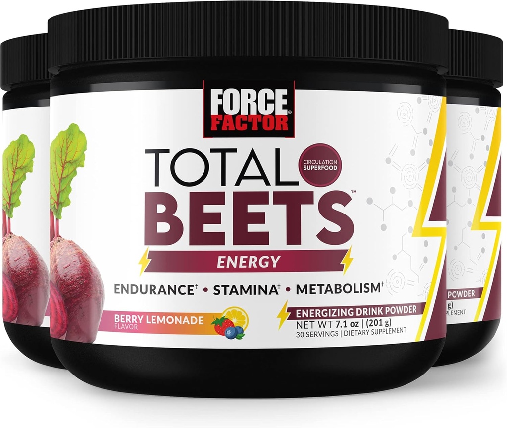 FORCE FACTOR skupaj Bits Energy Drink Mix 3-Pack, Superfood Beet koren v prahu, Nitrati za povečanje energije, Podpora kroženje, pretok krvi, dušikov oksid in Stamina, Heart Health Supplement, 90 Servings