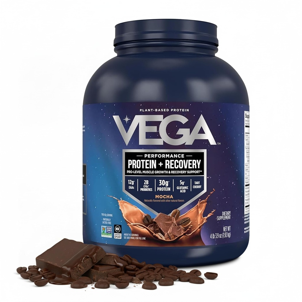 Vega Sport Protein Powder + Recovery - 30g Protein na osnovi rastlin na serviranje, Mocha, 45 Serving, 5g BCAA, Probiotics, NSF Certified, za Shakes & Smoothies, 4,2lbs (Packaging May Vary)