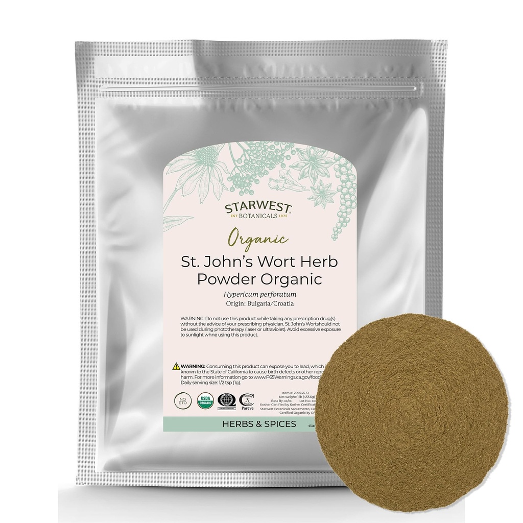 Starwest Botanicals Organic St. John's Wort Powder - Suhi Herb za čaj, narejen iz šentjanževke cvet, Podpora sprostitev, Certified Kosher, Non-GMO - razsutem stanju 1 lb Bag