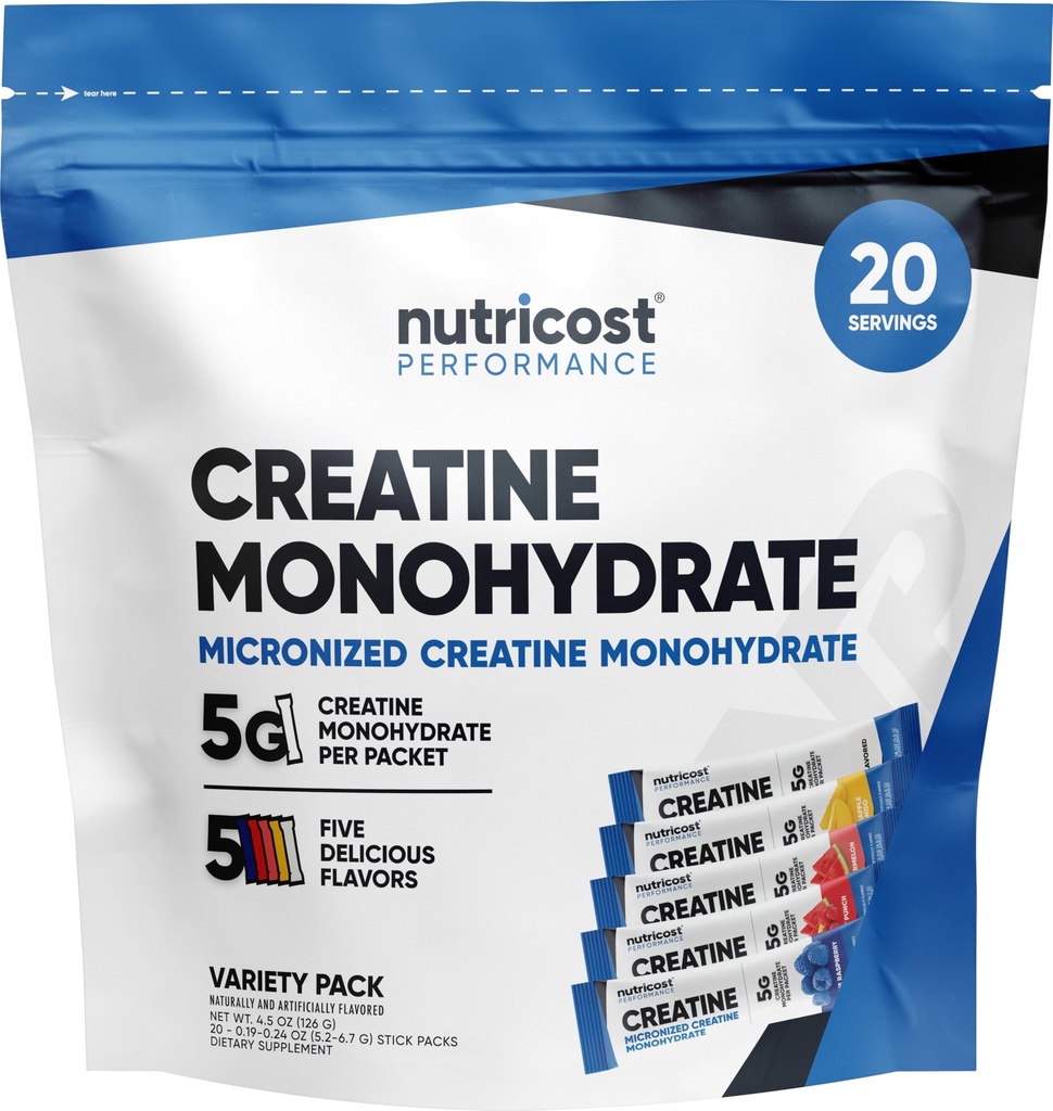 Nutricost Kreatin monohidrat v prahu Varietete Stickpacks (5 arom, 20 serving) - mikroniziran, 5 Gram kreatin monohidrata na pakiranje