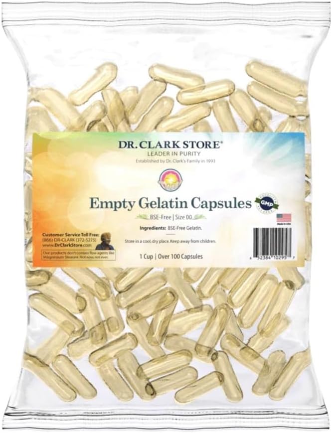 Dr. Clark Store Prazne kapsule želatina Velikost 00 – 1 pokal (Pribl. 120 kapsul), kot nalašč za DIY dopolnila, vegetarijansko-prijateljski, Halal & Kosher Certified, BSE-free