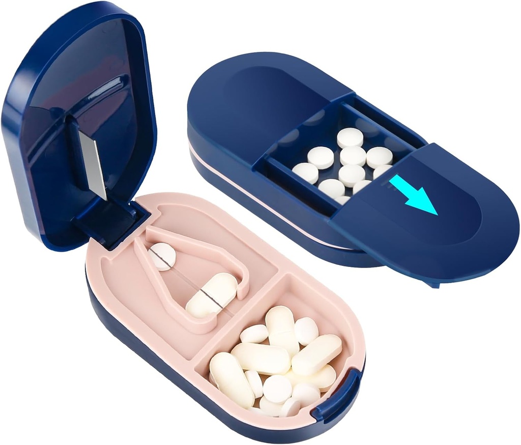 LEAFTOL tablete Cutter, prenosne tablete Splitter 2-in-1 tablete primer z nerjavečega jekla rezilo, za majhne ali velike vitamine tablete, rezane tablete z mini tablete organizer kompartment – modra