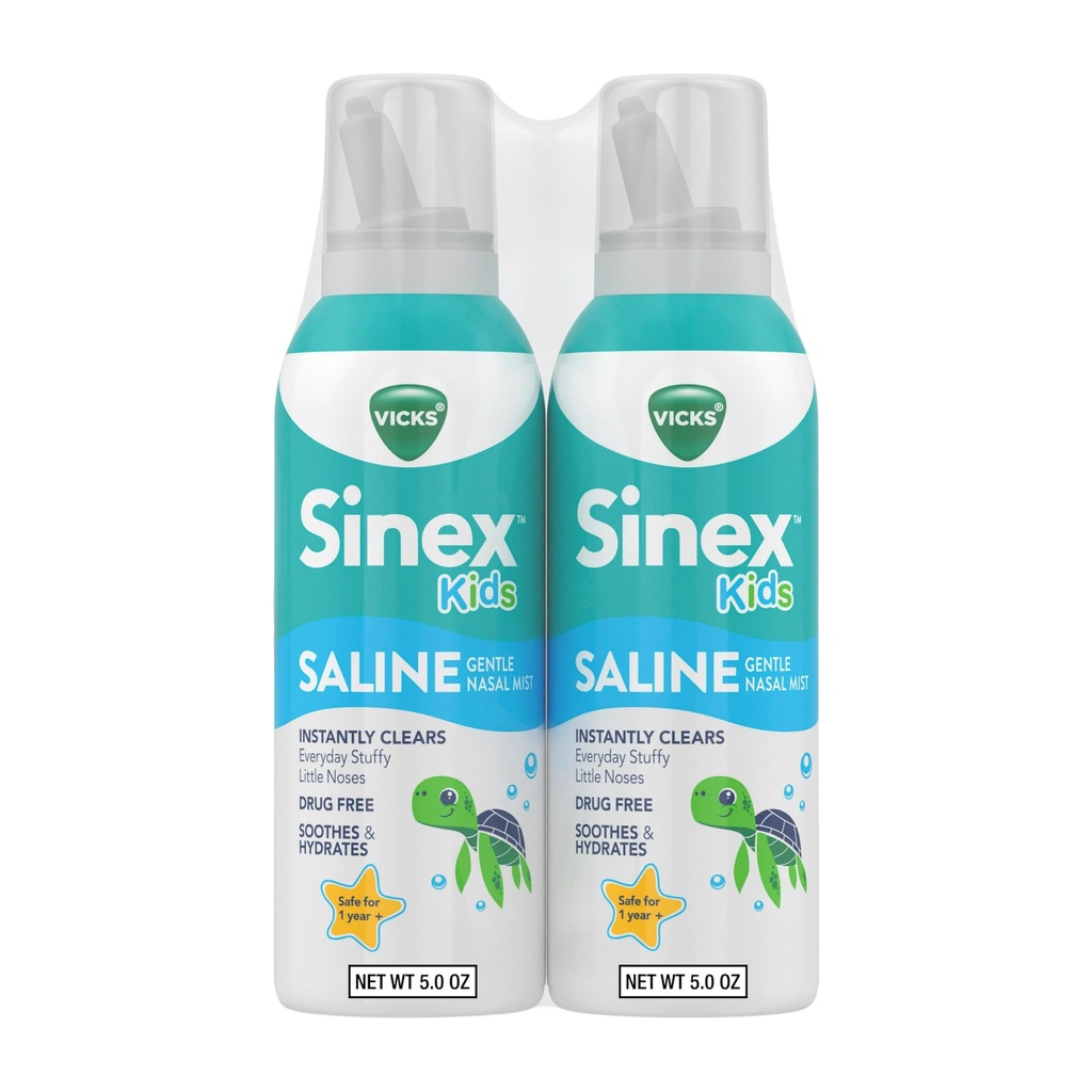 Vicks Sinex, otroško salno pršilo za nos, brez drog Ultra Fina meglica z namigom Aloe, Starost 1+, Hitra vsak dan zamašen nos Relief za otroke, Jasno sluz iz hladno ali alergijo, 5 OZ x 2