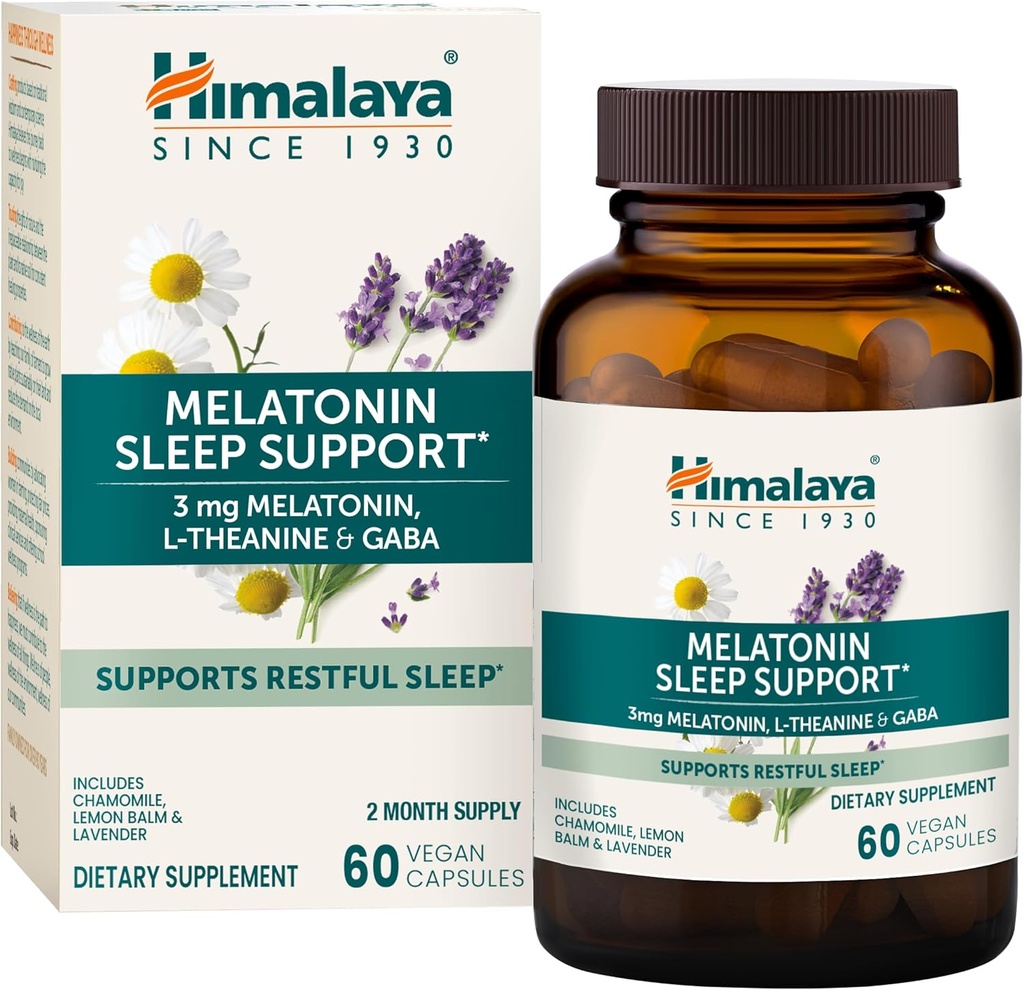 Himalaja Melatonin Podpora za spanje z GABA, L-teanin in melatonin 3mg za podporo spanju in občasno nespečnost, 60 kapsul, 2 meseca dobave