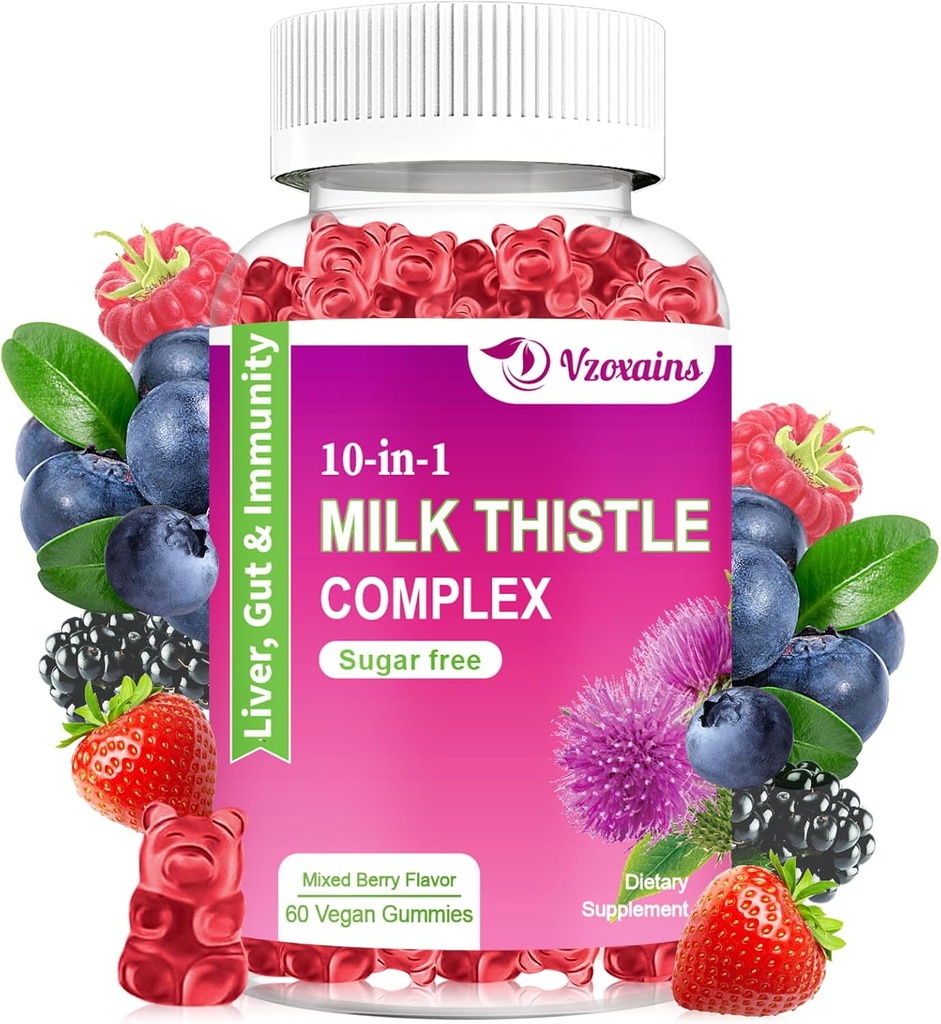 Mleko Thistle Gummies, 10-v-1 Zeliščna formula za čiščenje jeter Detox & Popravila z Dandelion Root, Kurkuma, Artichoke - Optimalna funkcija jeter in prebavni zdravje - Mešana jagodičja aroma