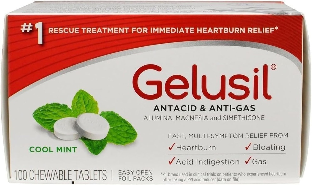 Želatina Antacid & anti gas tablete za lajšanje zgage, refluks kisline, napihnjenost in plin, hladilna metina - 100ct pretisni omot