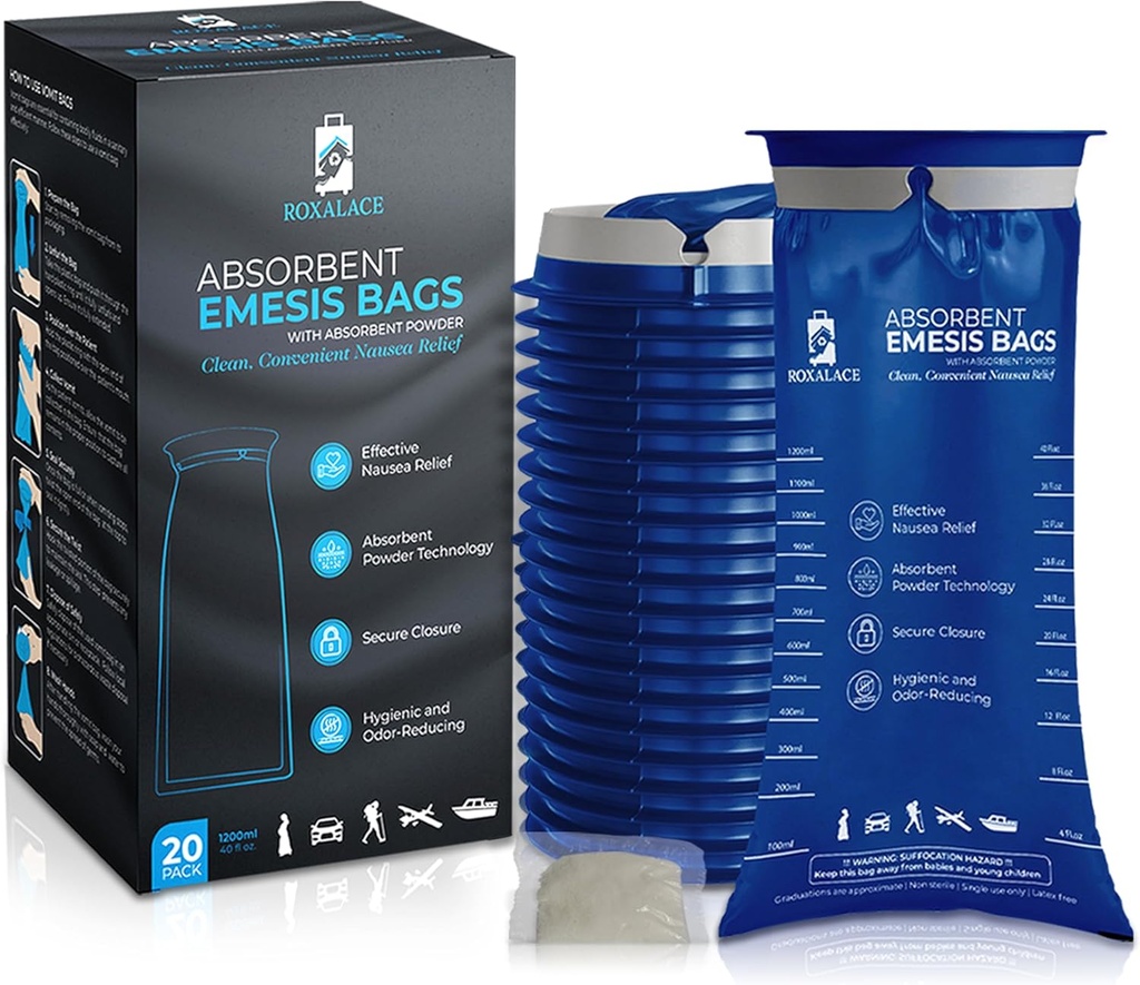 ROXALACE® vrečke za bruhanje z absorbent praškom za lajšanje slabosti in bruhanja - 20 Pack 1200ml, potovalno-prijazna, higienska rešitev za bolezen gibanja, jutranjo bolezen, oskrbovanje, in nastopi
