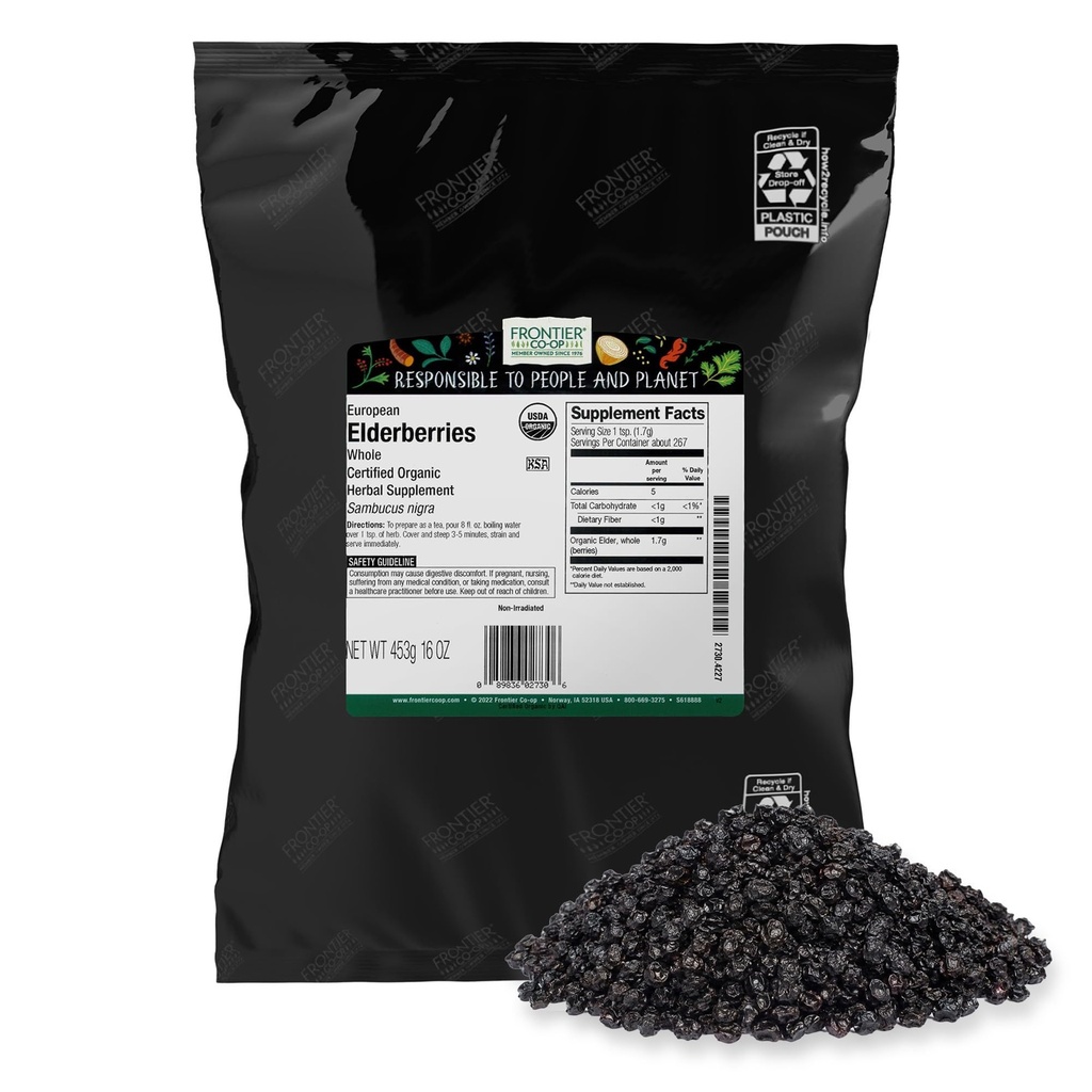 Frontier Co-op Organske sušene bezgove jagode, razsuta vrečka 1lb, celotna evropska 