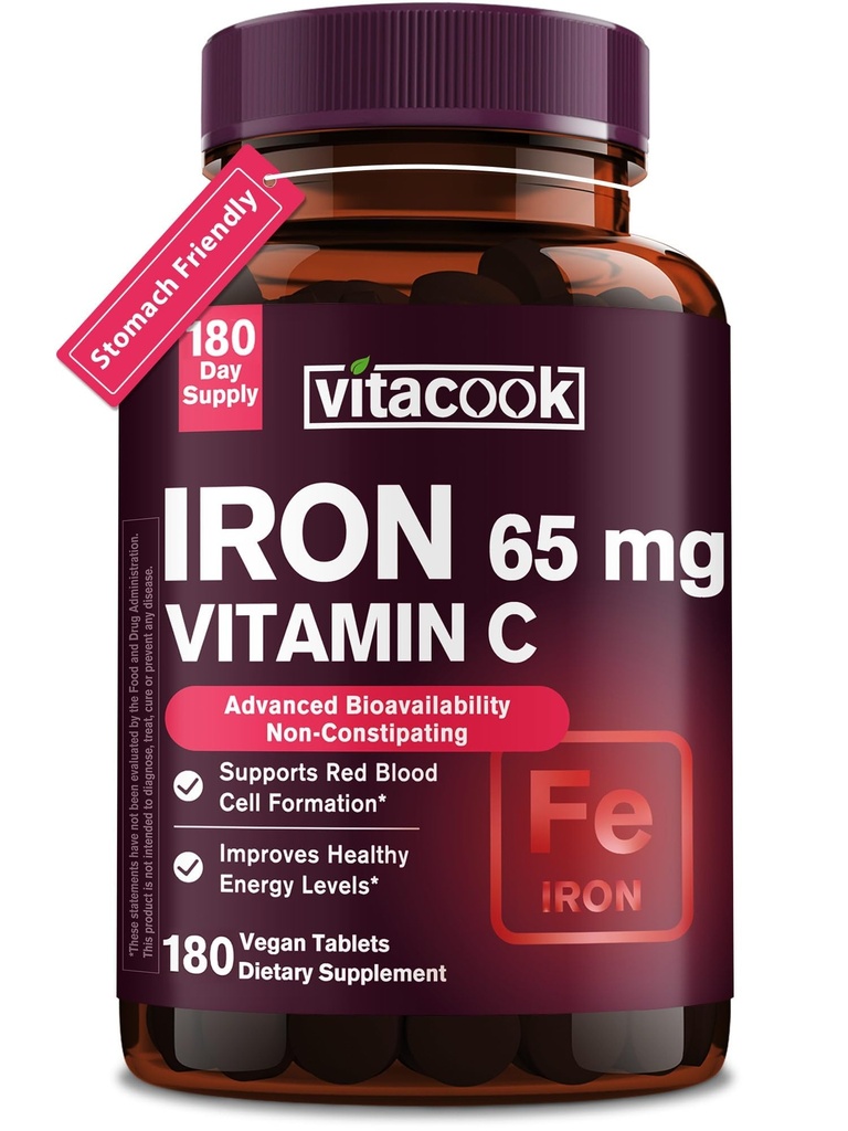 Železo dopolnilo za ženske moške, visoko potencialno železo 65mg z vitaminom C 250mg, Železo želodčne tablete prijazno za rdeče krvne celice in imunske podpore, Non-GMO & Gluten Free,180 Veganske tablete