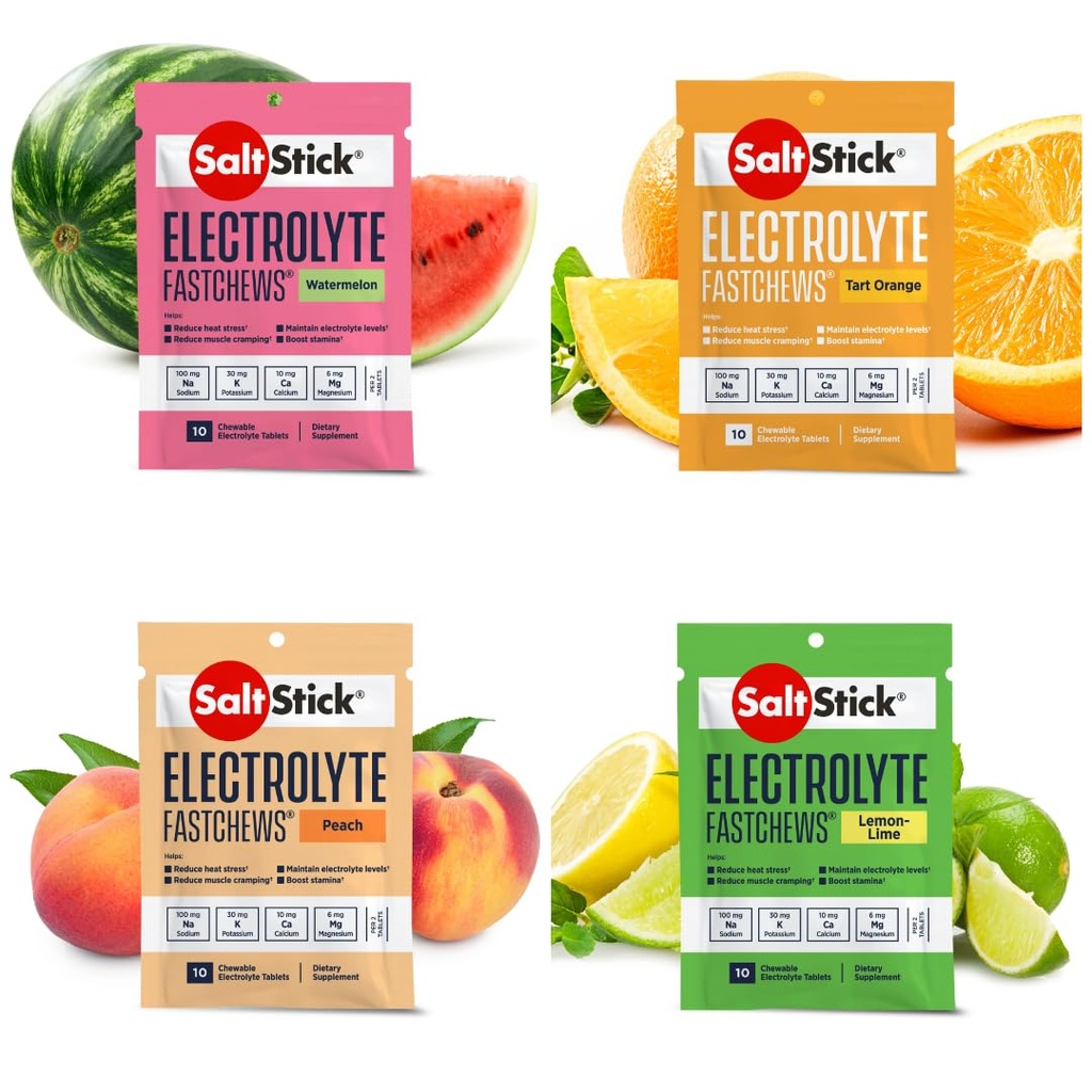 SaltStick Fastchews, Elektrolitske nadomestne tablete za rehidracijo, okrevanje vadbe, Mladi in odrasli športniki, pohodništvo, športno okrevanje, 10ct Variety 4-Pack
