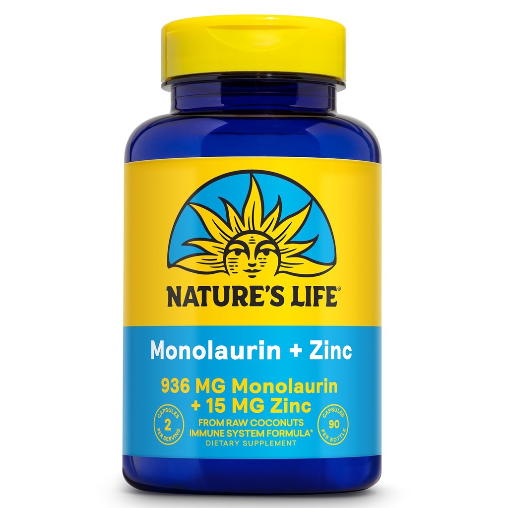 Življenje narave Monolaurin Plus Cinkov imunski dodatek - 936mg Monolaurin iz surovih kokosovih orehov, cink 15mg, Podpira Gut Health, Balance Gut Flora, 60-dnevno garancijo, 45 Serv, 90 Vegetarijanske kapsule