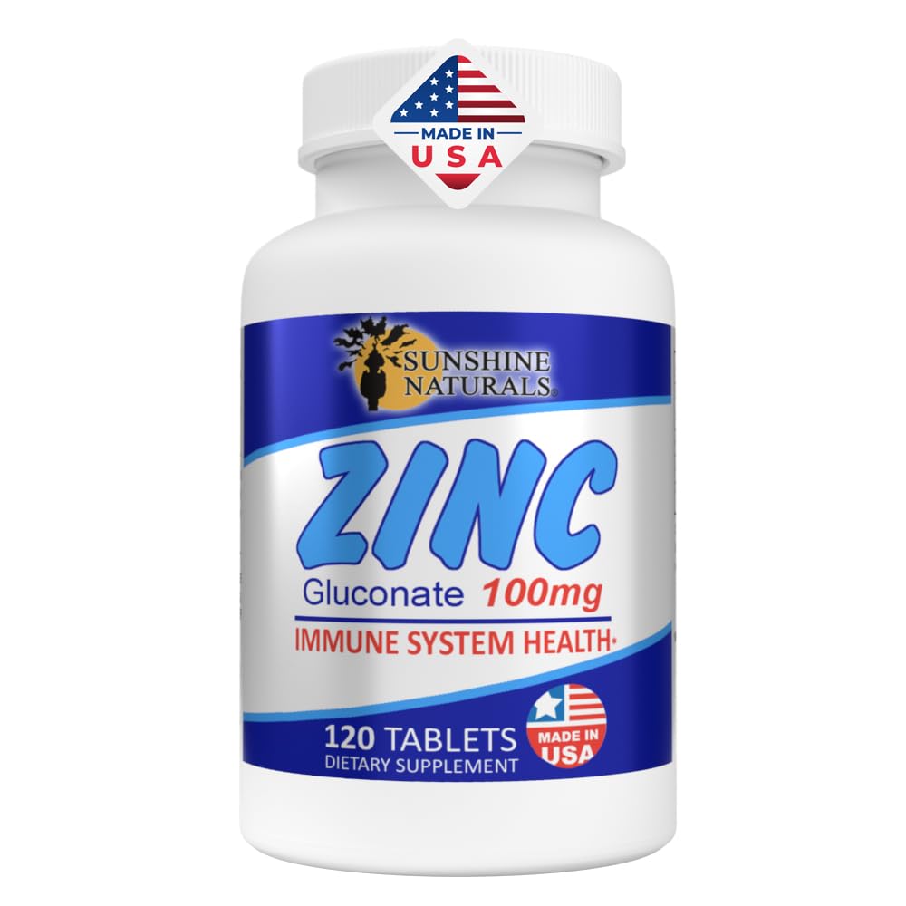 Sunshine Naturals Cink Gluconate Mineral Supplement – Podpira imunski sistem, spodbuja zdravljenje ran, izboljšuje zdravje kože, zagotavlja antioksidant obrambo – 100mg, 120 Tablete, Visoka moč