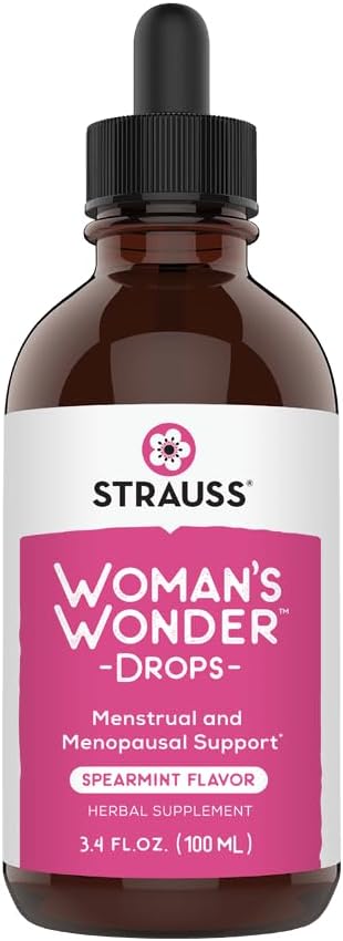 Strauss Heartdrops Woman's Woman's Woman's Woman's Wonder Drops; Menstrual & Menopausal Support dodatek v Spearmint aromour, naravna formula, Gluten-free, Soy-free, Non-GMO, 3.4oz Steklenica
