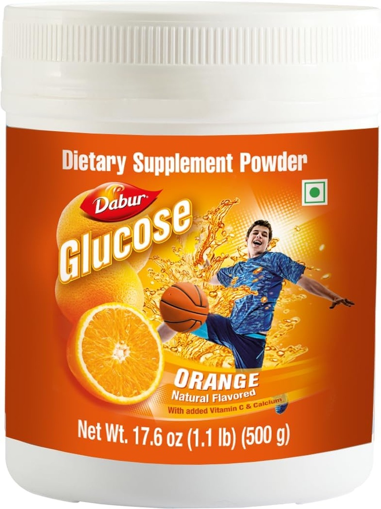Dabur Glukoza – glukozni prašek – obogaten z vitaminom D in kalcijom – okusna pomaranča – 500 gramov