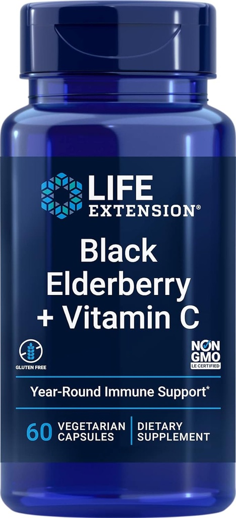 Life Extension Black Elderberry + Vitamin C, vsak dan Imunska podpora iz Bezgove jagode in vitamina C, Gluten brez, ne-GMO, vegetarijansko, 60 kapsul