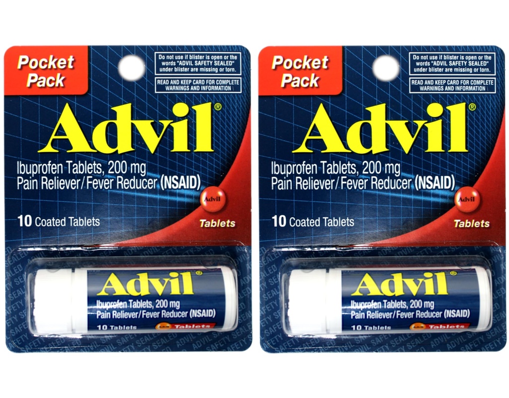 2 Pakiranje žepnega pakiranja Bolečina z advilom Reliever/reduciralec zvišane telesne temperature Ibuprofen 200 mg - 10 obloženih tablet po Per pakiranju (20 tablet skupaj)