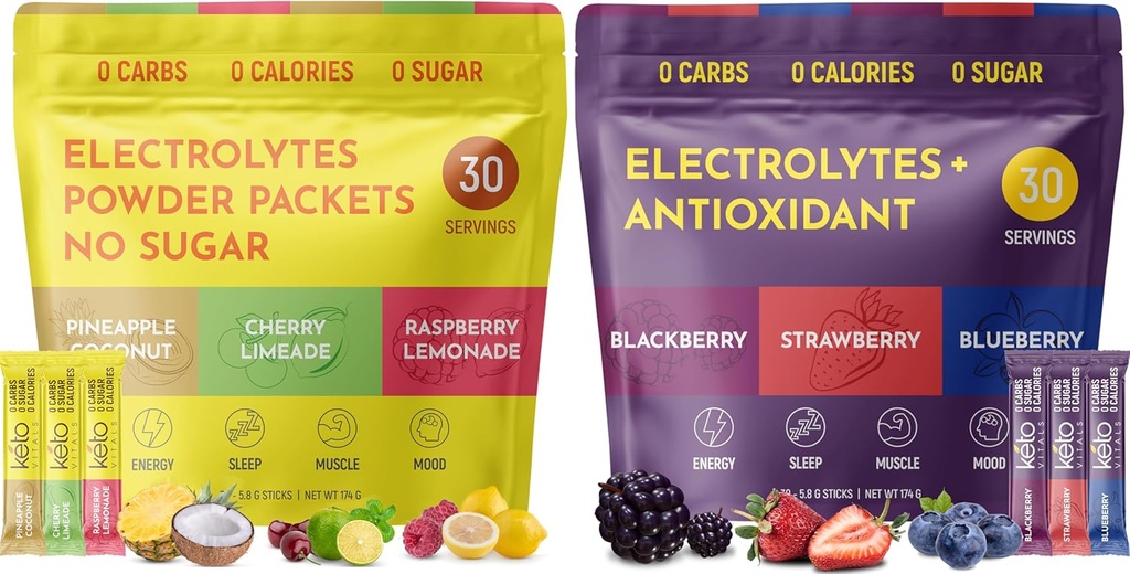 Keto Vitals Tropical & Berry Razvrščena 2 Pack Bundle Electrolyte Powder paket: Tropical & Berry Razvrščene arome - Sugar-free & Zero Calorie Electrolyte Drink Mix Packets, 60 Servinges