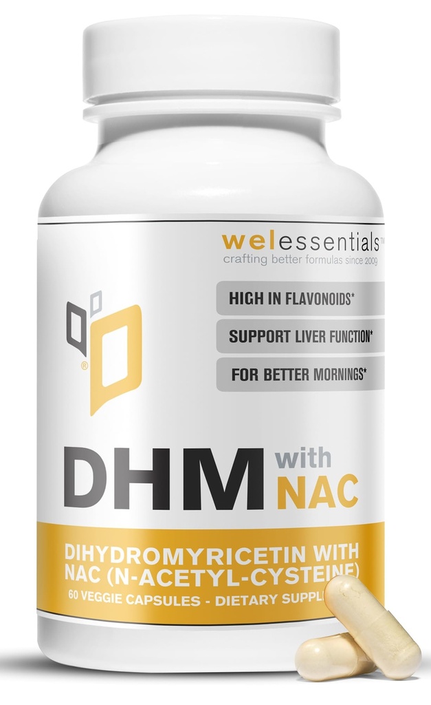 Dihidromiricetin DHM z NAC - 650 mg x 60 kapsul - 300 mg N-acetil-cisteina, 350 mg dihidromiricetina - prehranska dopolnila največje jakosti za podporo jeter, hidracija