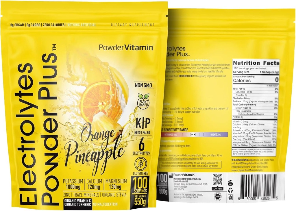 PrašekVitamin Elektroliti v prahu Plus (100 strežnikov) Orange Ananas Elektrolit v prahu Zero Calorie, Keto, 0 Sladkor, Brez maltodekstrina, 1000mg Kalij, 120mg Kalcij, 120mg Magnezij, Hidracija v prahu