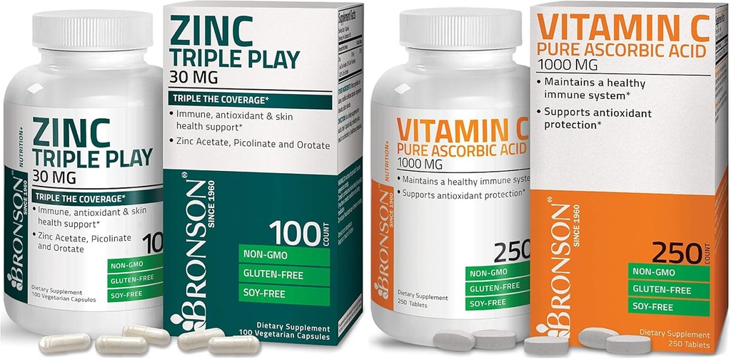 Bronson Vitamin C 1000 mg Premium ne-GMO askorbinska kislina + Bronson Cinc Triple Play 30 mg Triple Coverage Imunska podpora Cink dodatek