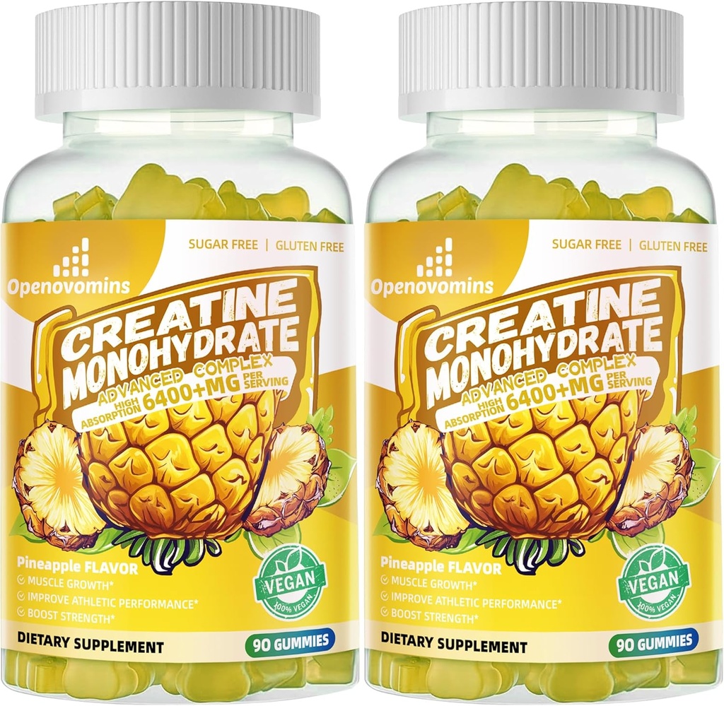 Kreatin Monohidrat Gumies Complex za moške in ženske -Napredna Formula W/L-Taurin + vitamin B12, Sugar Brez žvečljivi dodatek,180 Ananas Gummies 2pack