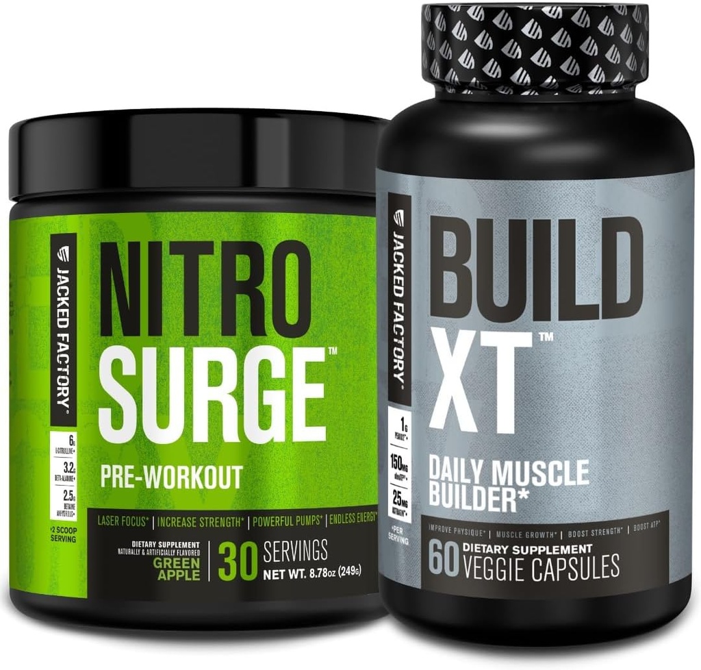 Jacked Factory Nitrosurge Pred-Workout v Green Apple & zgraditi XT Muscle Building Bunded za moške in ženske