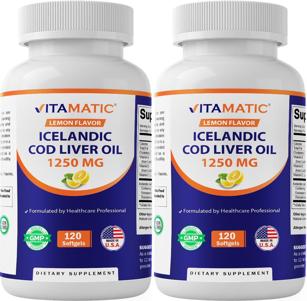 Vitamatično pakiranje 2 kapsul islandskega trska Jetrnega olja 1250mg 120 kapsul Softgels (Limon Flavor) - spodbuja srčno-žilno zdravje