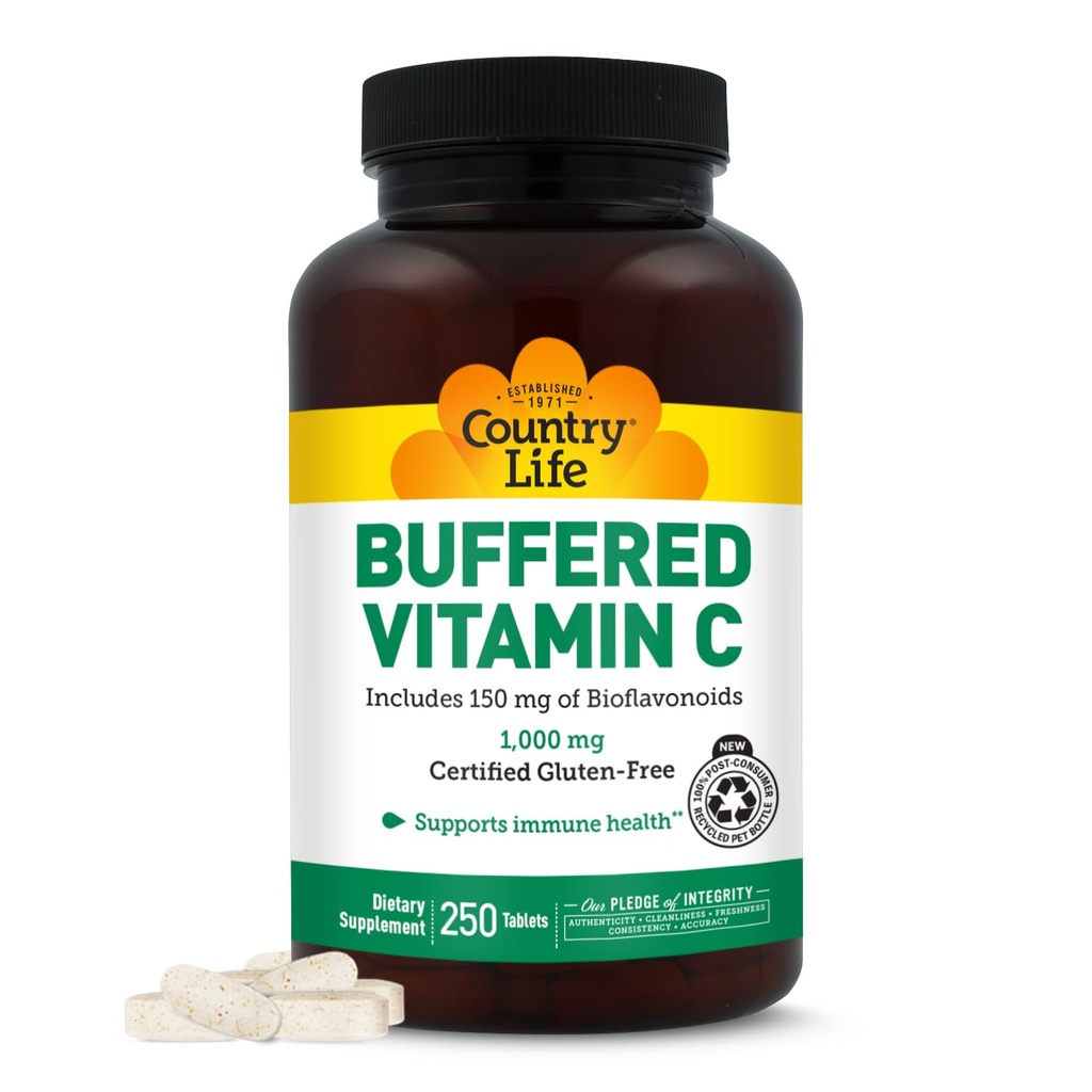 Country Life Buffered Vitamin C 1000mg z bioflavonoidi, Kalcij, Magnezij, Kalij - Imunska podpora, Veganske kapsule, Gluten-free, Nežen na želodec - 250 tablet