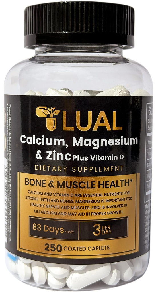 LUAL kalcij, magnezij, cink in vitamin D3 kalcij, magnezij in cink plus vitamin D3 kapelice prehranska dopolnila, 250 Število