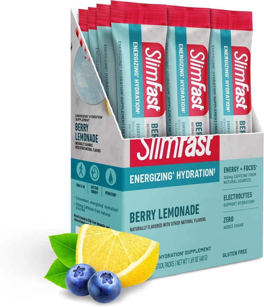 SlimFast Hydration Packets, Intermitent Fasting Elektroliti, Drink Mix Packets, Intermitent Fasting Powder, Energy Powder Drink Mix, Caffeine, Elektroliti za Hidracijo, Berry Limonada (12 Count)