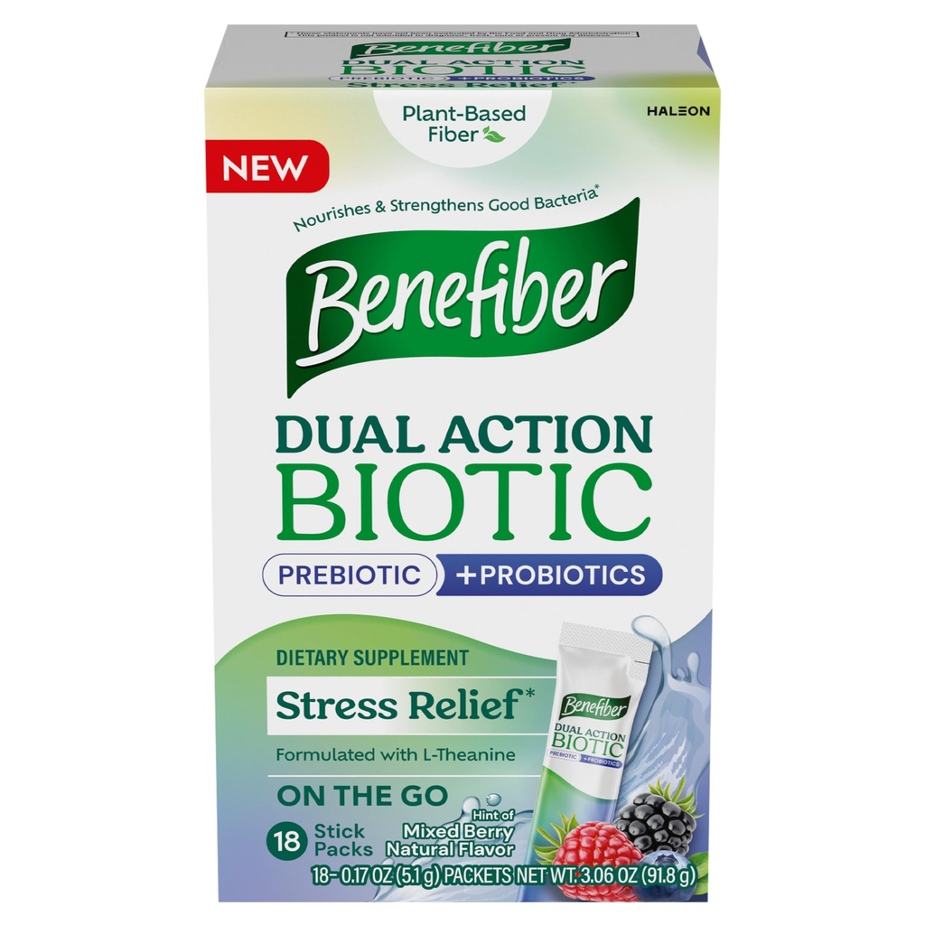 Benefiber Dual Action Biotic Plus Stres Relief, 18 Count Stick Packs