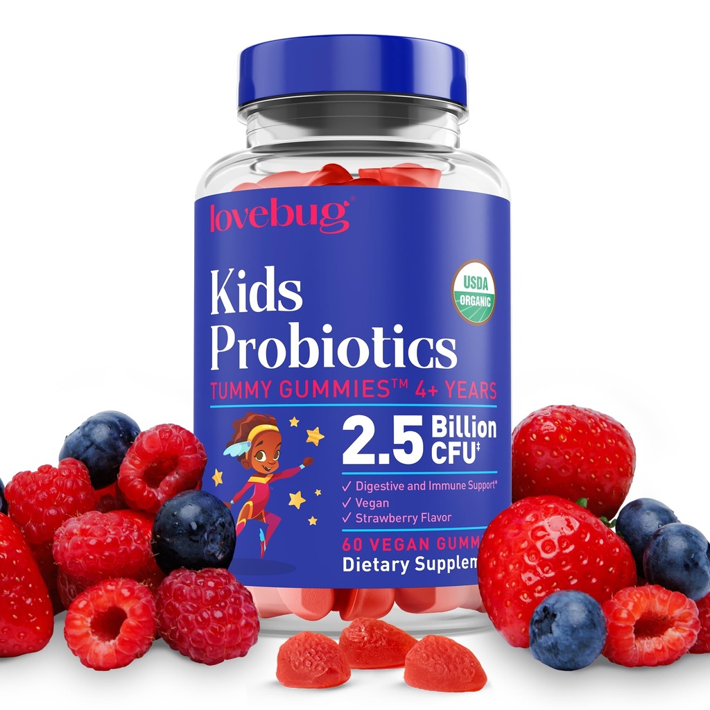 LJUBEZEN Otroci probiotične Gumies – organski žvečljivi probiotiki za otroke, stare 4+, talni probiotik za črevesje, zaprtje, prebavni in imunski podporo, Vegan, 60 Chews, Jagoda