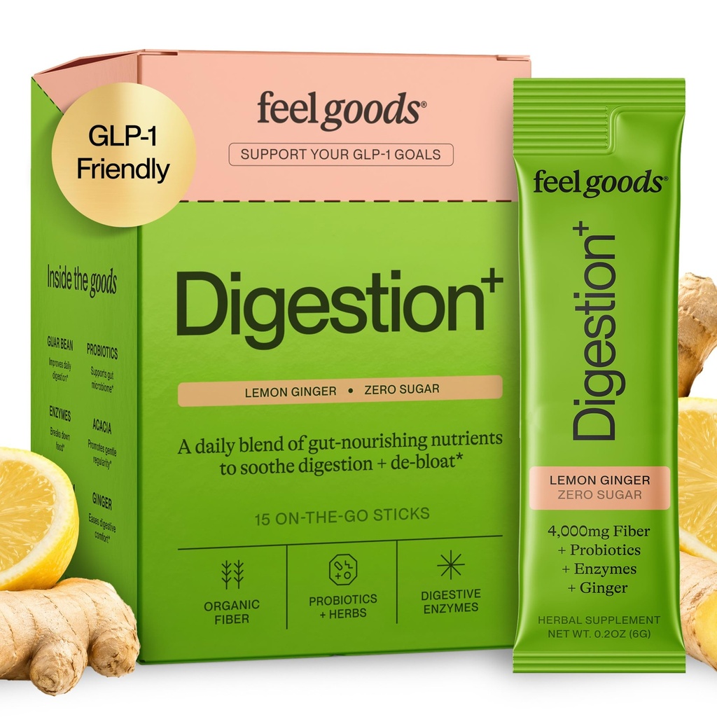 Feel Goods Gut Gut Guardian, Organic Fiber, Probiotic & Prebiotic Powder, Sugar Free, Zelišča za Bloat, Gut Health Support, Prebavno zdravje za moške in ženske, Non GSO, Vegan, Lemon Ginger, 15 Count