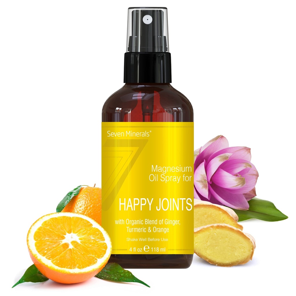 Sedem Minerali, Magnezij Happy Joints Spray - Močne ZDA Made Magnezijevo olje mešanica z eteričnimi olji (Turmerično, Ginger in Orange) - Brezplačna Ebook Vključen (4 fl oz)