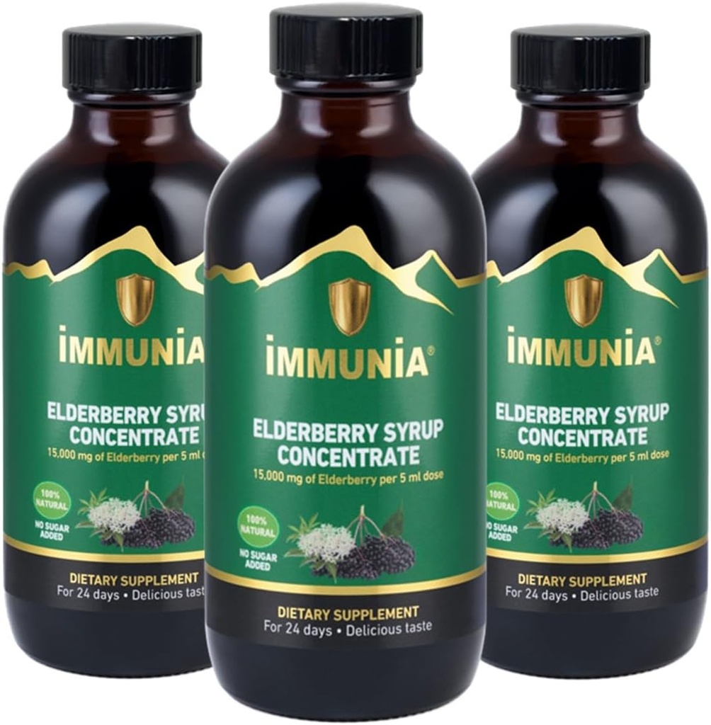 Immunia Elderberry Sirup pomaga okrepiti imunski sistem. Bezgove jagode Koncentrirajte se z Starejšo rožo, Timom in Peppermint. Brez dodanega sladkorja. Okusen okus. 24 dni/steklenica.