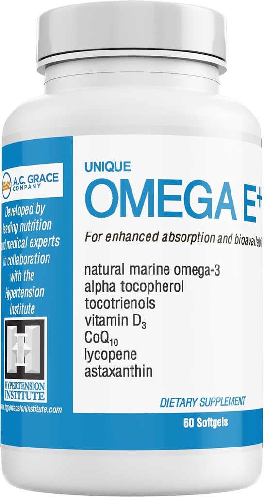UNIQUE E A.C. Grace Company Omega E+ - ribje olje dodatek - z Marine Omega-3 Maščobne kisline, vitamin E, vitamin D3 in CoQ10 - Pomaga pri podpori srca, možganov in kože zdravje - 60 Softgels