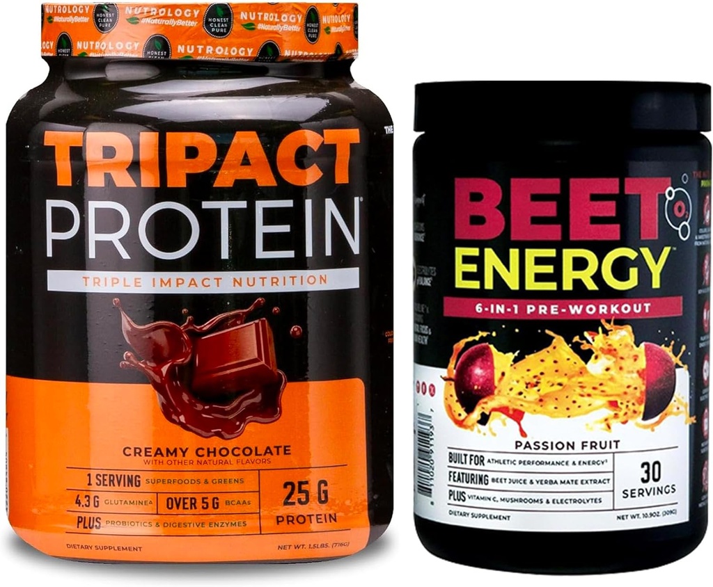 Nutrologija Beet Natural O2, Predworkout Powder, Passion Fruit Flavor (30 strežnikov) TRIPACT Protein Powder, 7-v-1 Zamenjava obroka Shake, Kremna čokoladna aroma (20 servingov)