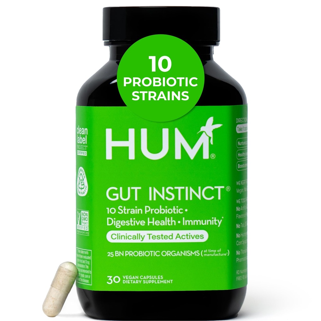 HUM Gut Instinkt Dnevni probiotiki za ženske in moške, Prebavno zdravje, Lactobacillus, Bifidobacterium sevi za imuno podporo, Probiotični dodatek za zdravo črevesno raznolikost, 30 kapsul