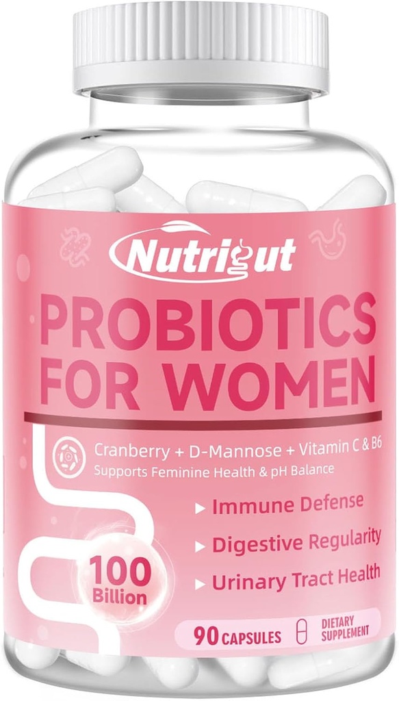 Probiotiki za ženske 100 milijard CFU probiotiki in prebiotiki z digestivnimi encimi za zdravje Gut, vaginalni probiotiki z brusnico in D-mannoze za zdravje sečil, pH ravnovesje, 90 kapsul
